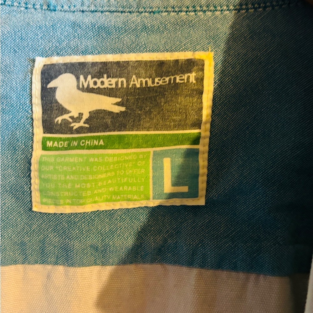 Modern Amusement Blue and Cream Shirt size large - Picture 2 of 4